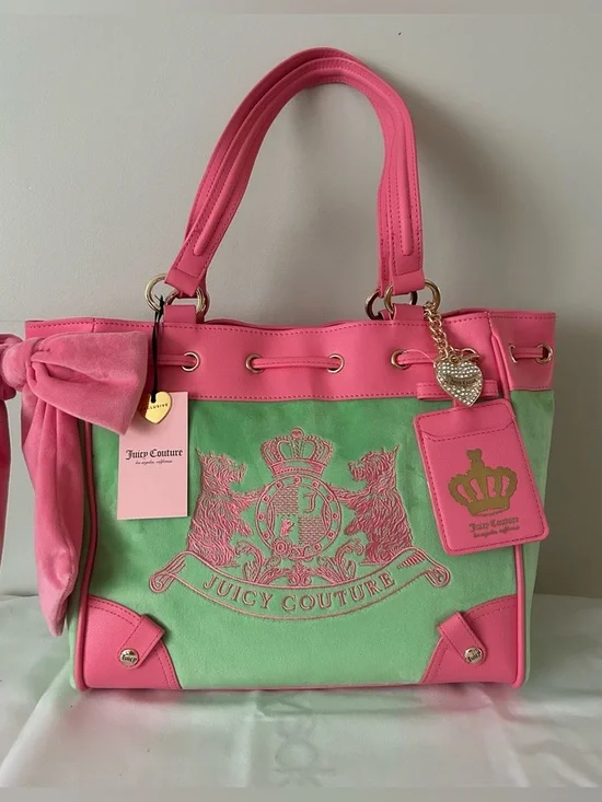 NEW! NWT JUICY COUTURE Daydreamer Scottie Dogs Velour Tote Retro Green/Pink - Picture 3 of 9